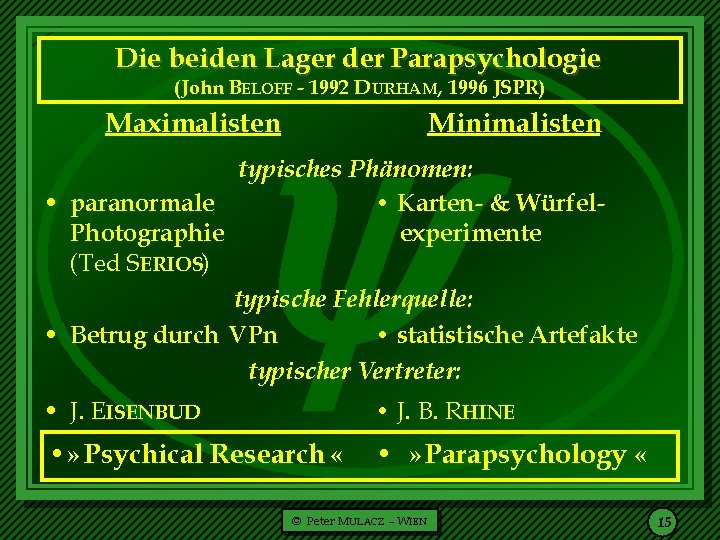  Die beiden Lager der Parapsychologie (John BELOFF - 1992 D URHAM, 1996 JSPR)