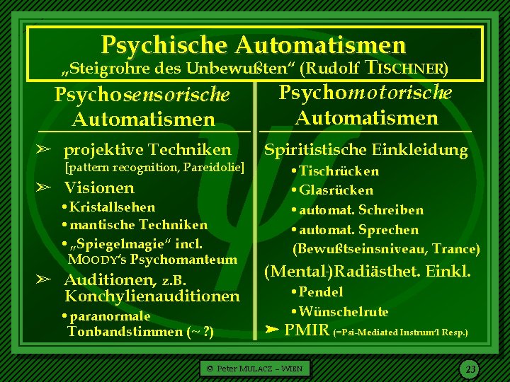  Psychische Automatismen „Steigrohre des Unbewußten“ (Rudolf TISCHNER) Psycho sensorische Automatismen ã projektive Techniken