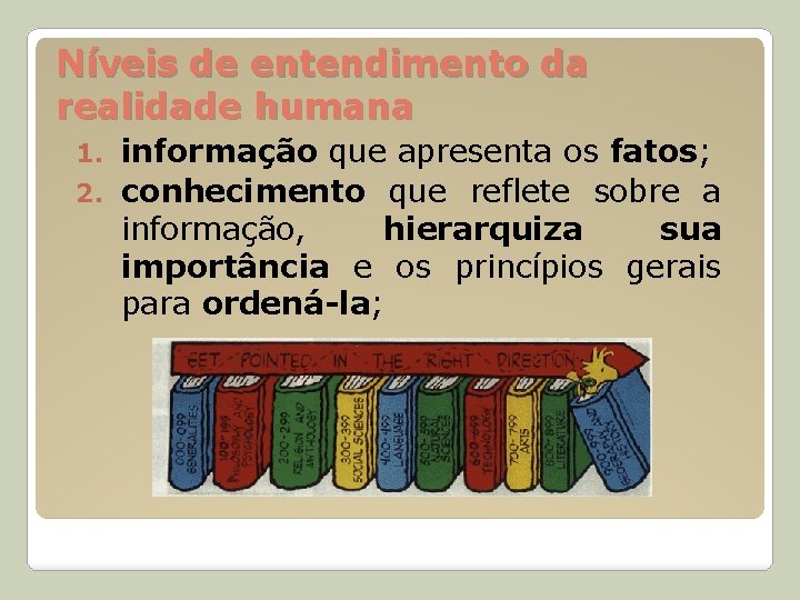 Níveis de entendimento da realidade humana informação que apresenta os fatos; 2. conhecimento que