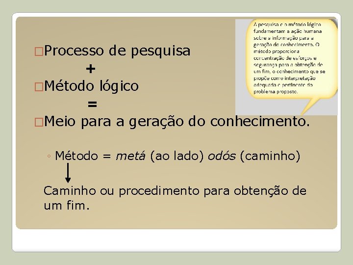 �Processo de pesquisa + �Método lógico = �Meio para a geração do conhecimento. ◦