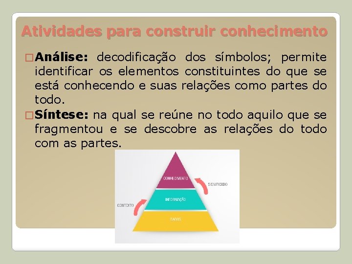 Atividades para construir conhecimento � Análise: decodificação dos símbolos; permite identificar os elementos constituintes