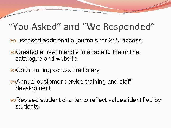 “You Asked” and “We Responded” Licensed additional e-journals for 24/7 access Created a user
