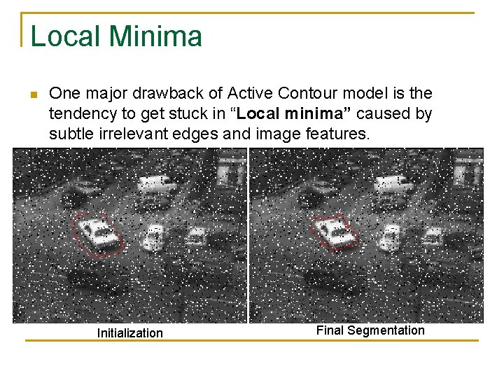 Local Minima n One major drawback of Active Contour model is the tendency to