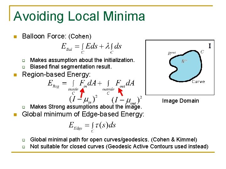 Avoiding Local Minima n Balloon Force: (Cohen) q q n Region-based Energy: q n