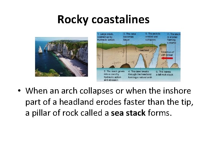 Rocky coastalines • When an arch collapses or when the inshore part of a