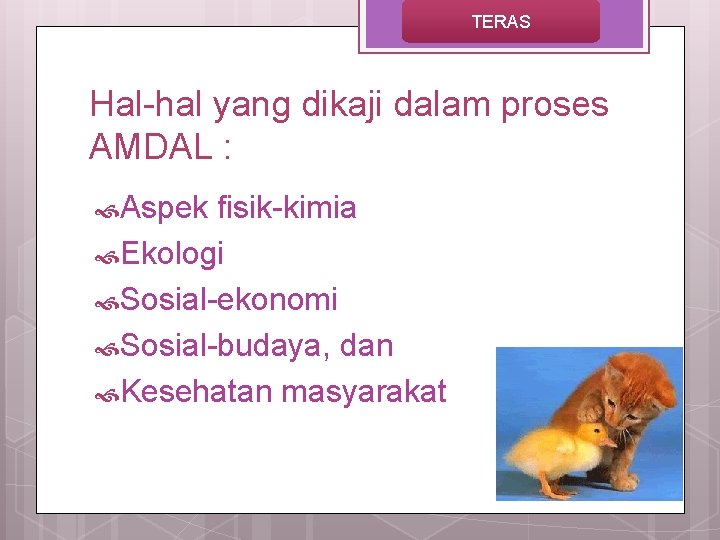 TERAS Hal-hal yang dikaji dalam proses AMDAL : Aspek fisik-kimia Ekologi Sosial-ekonomi Sosial-budaya, dan