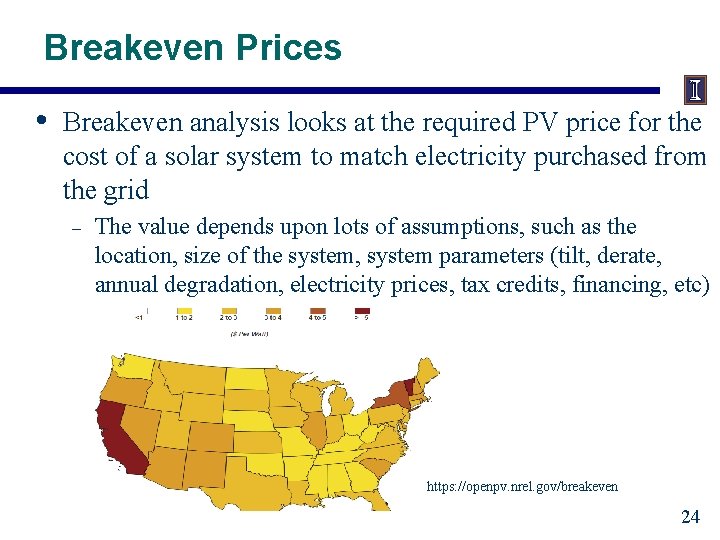 Breakeven Prices • Breakeven analysis looks at the required PV price for the cost