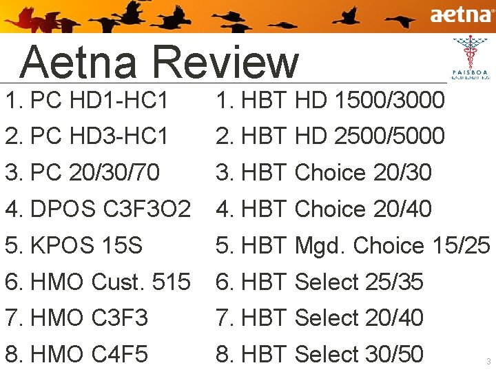 Aetna Review 1. PC HD 1 -HC 1 1. HBT HD 1500/3000 2. PC