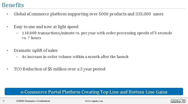 Benefits • Global e. Commerce platform supporting over 5000 products and 335, 000 users