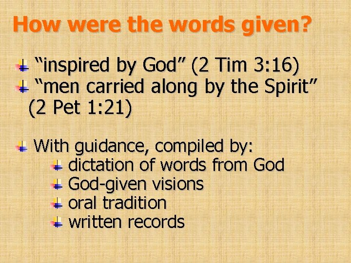How were the words given? “inspired by God” (2 Tim 3: 16) “men carried