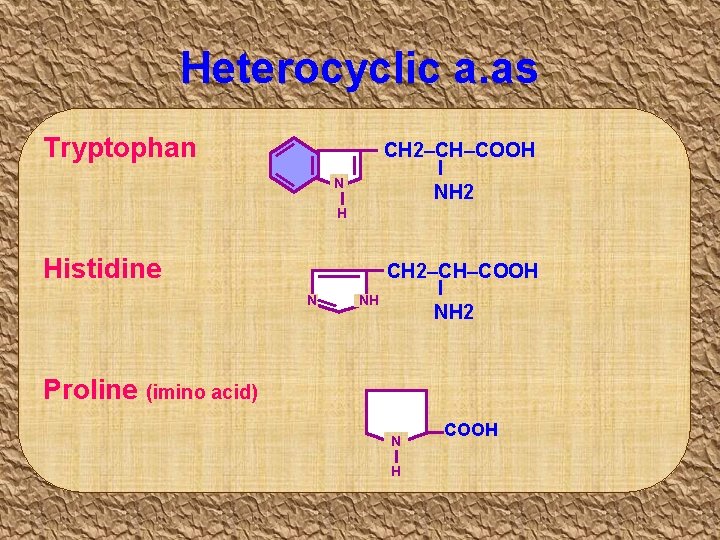 Heterocyclic a. as Tryptophan CH 2–CH–COOH I NH 2 N H Histidine N NH