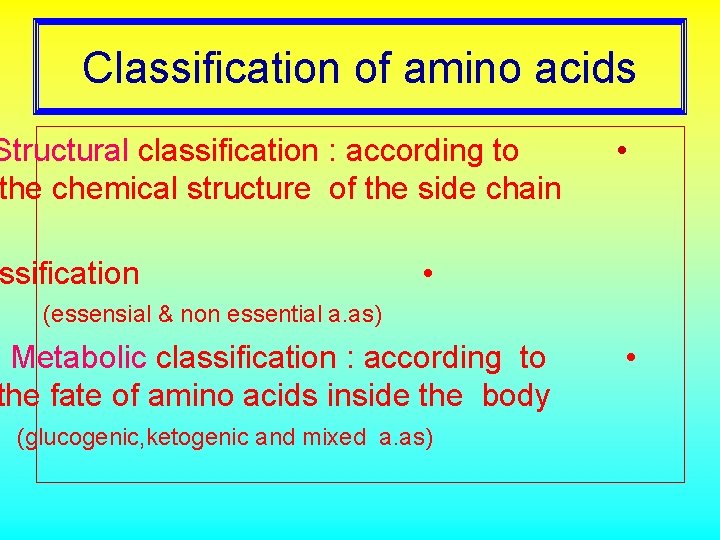 Classification of amino acids Structural classification : according to the chemical structure of the