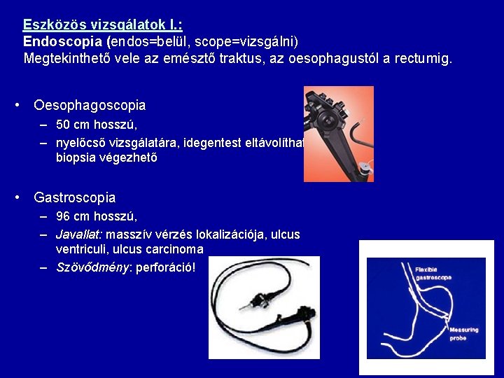 Eszközös vizsgálatok I. : Endoscopia (endos=belül, scope=vizsgálni) Megtekinthető vele az emésztő traktus, az oesophagustól