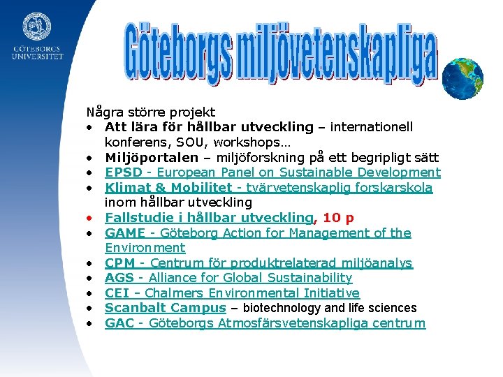 Några större projekt • Att lära för hållbar utveckling – internationell konferens, SOU, workshops…
