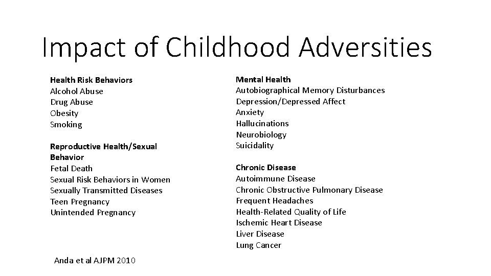 Impact of Childhood Adversities Health Risk Behaviors Alcohol Abuse Drug Abuse Obesity Smoking Reproductive