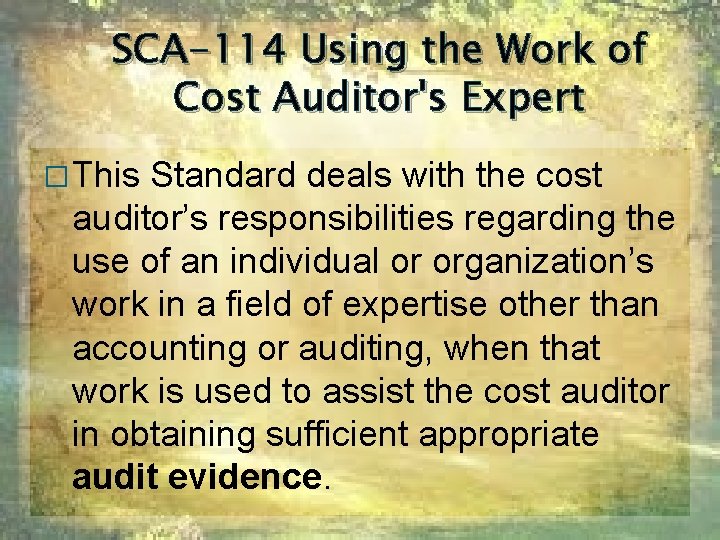 SCA-114 Using the Work of Cost Auditor's Expert � This Standard deals with the