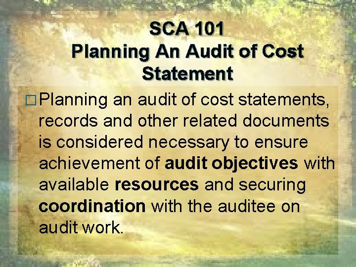 SCA 101 Planning An Audit of Cost Statement � Planning an audit of cost