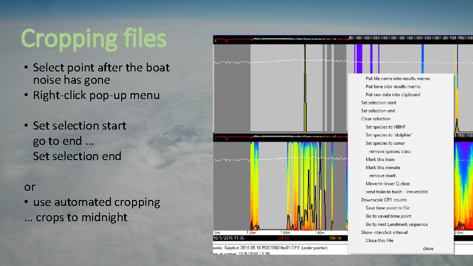 Cropping files • Select point after the boat noise has gone • Right-click pop-up Cropping files • Select point after the boat noise has gone • Right-click pop-up