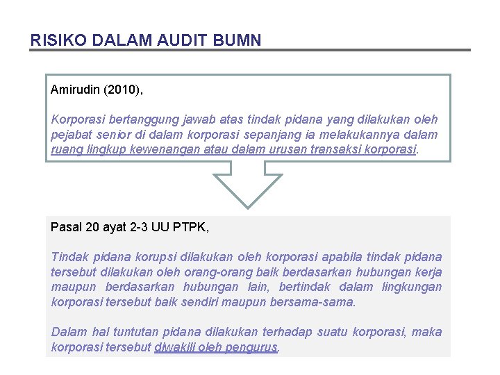 RISIKO DALAM AUDIT BUMN Amirudin (2010), Korporasi bertanggung jawab atas tindak pidana yang dilakukan
