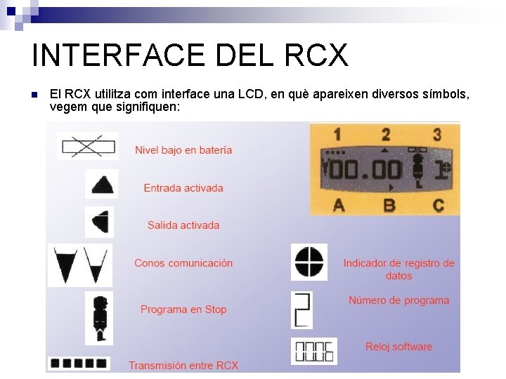 INTERFACE DEL RCX n El RCX utilitza com interface una LCD, en què apareixen