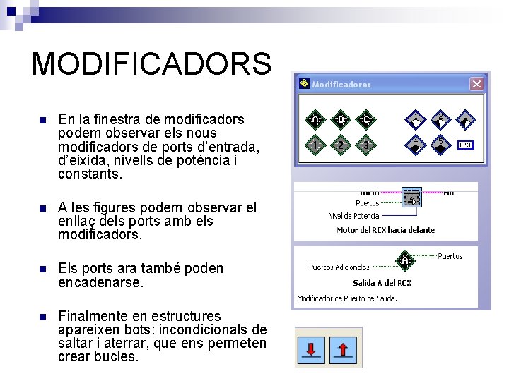 MODIFICADORS n En la finestra de modificadors podem observar els nous modificadors de ports