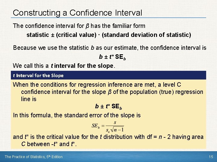 Constructing a Confidence Interval The confidence interval for β has the familiar form statistic