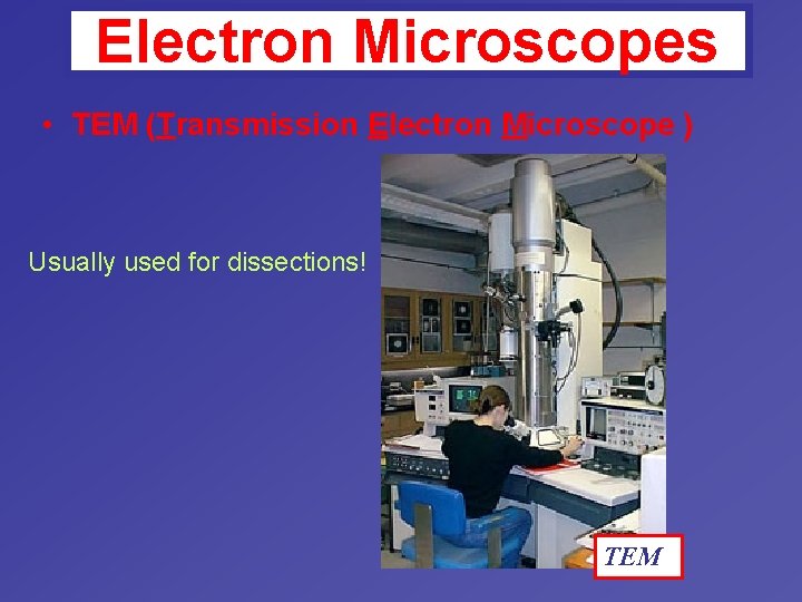 Electron Microscopes • TEM (Transmission Electron Microscope ) Usually used for dissections! TEM 