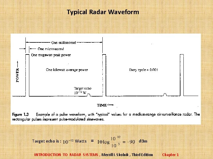 Typical Radar Waveform Target echo is : Watts = d. Bm INTRODUCTION TO RADAR Typical Radar Waveform Target echo is : Watts = d. Bm INTRODUCTION TO RADAR