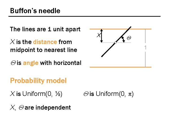 Buffon’s needle The lines are 1 unit apart X is the distance from midpoint