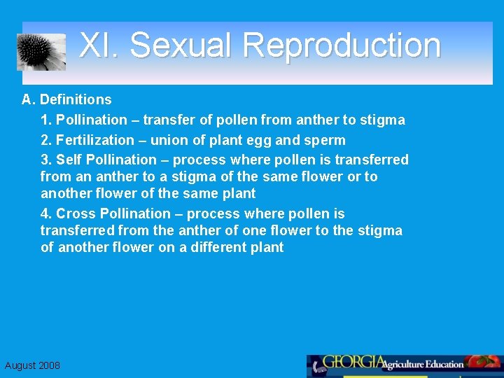 XI. Sexual Reproduction A. Definitions 1. Pollination – transfer of pollen from anther to