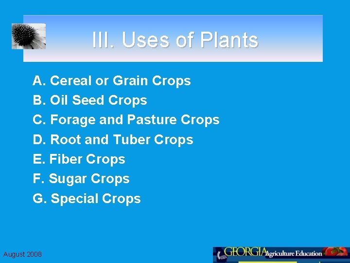 III. Uses of Plants A. Cereal or Grain Crops B. Oil Seed Crops C.