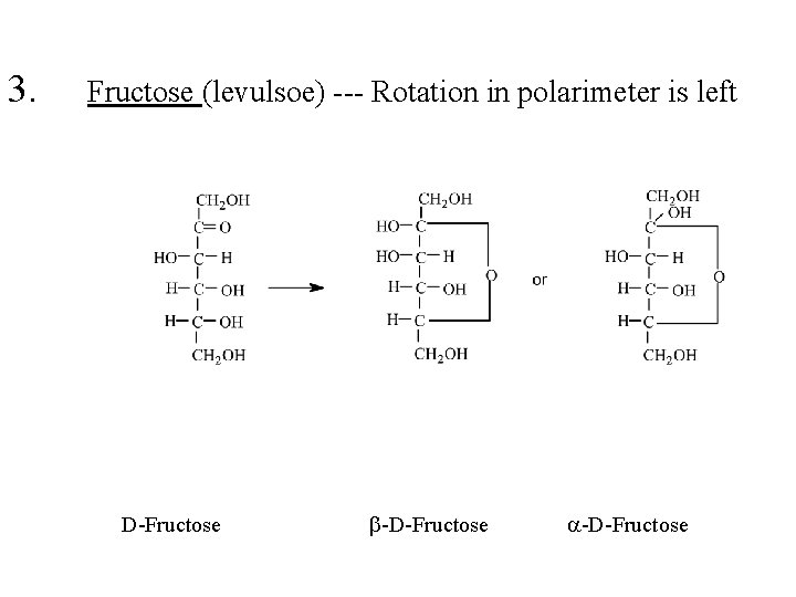 3. Fructose (levulsoe) --- Rotation in polarimeter is left D-Fructose b-D-Fructose a-D-Fructose 