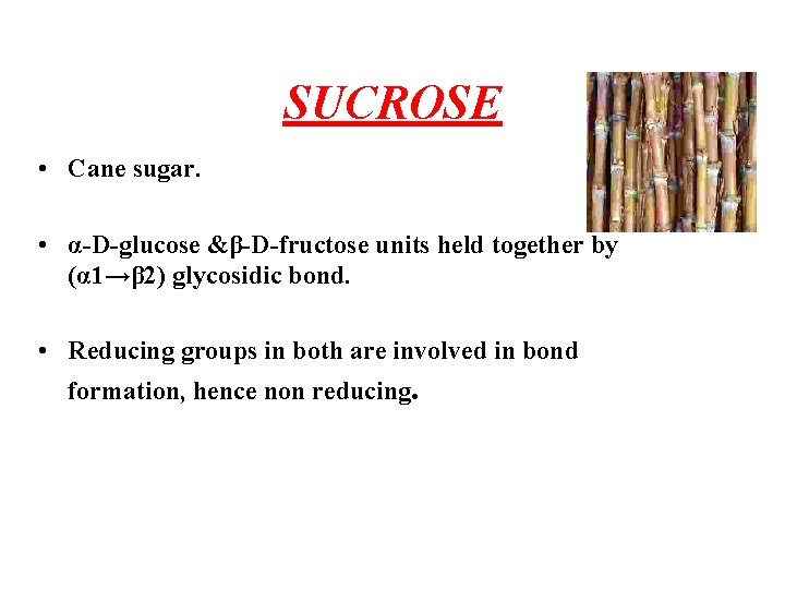 SUCROSE • Cane sugar. • α-D-glucose &β-D-fructose units held together by (α 1→β 2)
