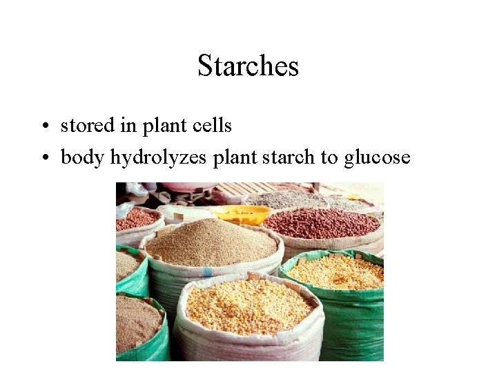 Starches • stored in plant cells • body hydrolyzes plant starch to glucose 