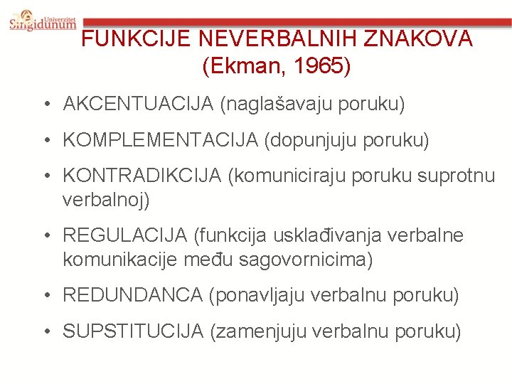 20 FUNKCIJE NEVERBALNIH ZNAKOVA (Ekman, 1965) • AKCENTUACIJA (naglašavaju poruku) • KOMPLEMENTACIJA (dopunjuju poruku)