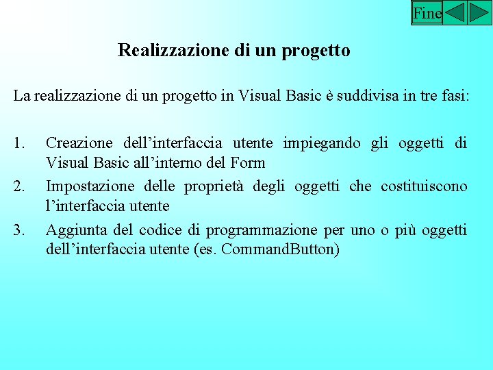 Fine Realizzazione di un progetto La realizzazione di un progetto in Visual Basic è