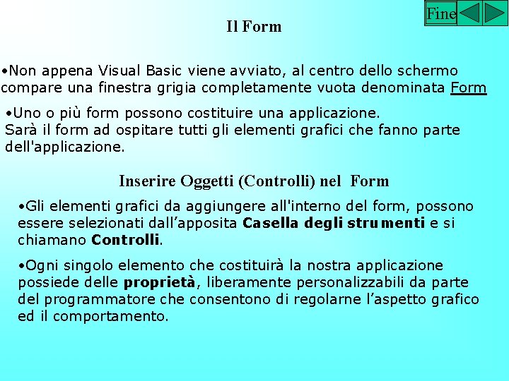 Il Form Fine • Non appena Visual Basic viene avviato, al centro dello schermo