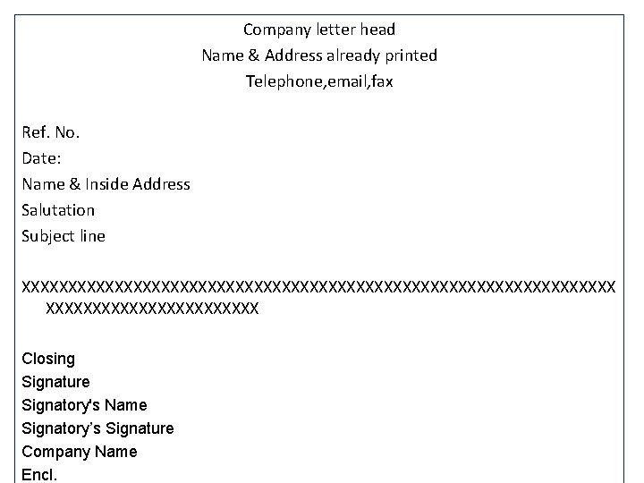 Company letter head Name & Address already printed Telephone, email, fax Ref. No. Date: