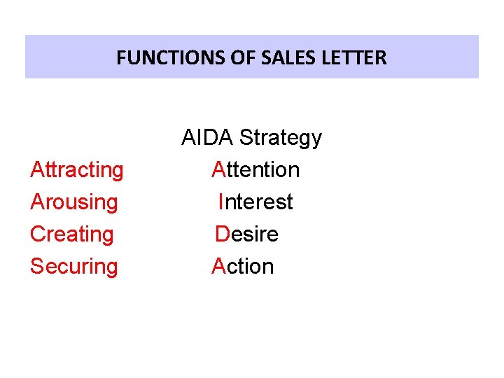FUNCTIONS OF SALES LETTER AIDA Strategy Attracting Attention Arousing Interest Creating Desire Securing Action