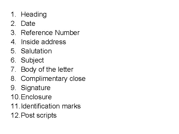 1. Heading 2. Date 3. Reference Number 4. Inside address 5. Salutation 6. Subject