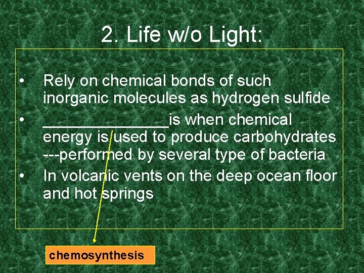 2. Life w/o Light: • • • Rely on chemical bonds of such inorganic