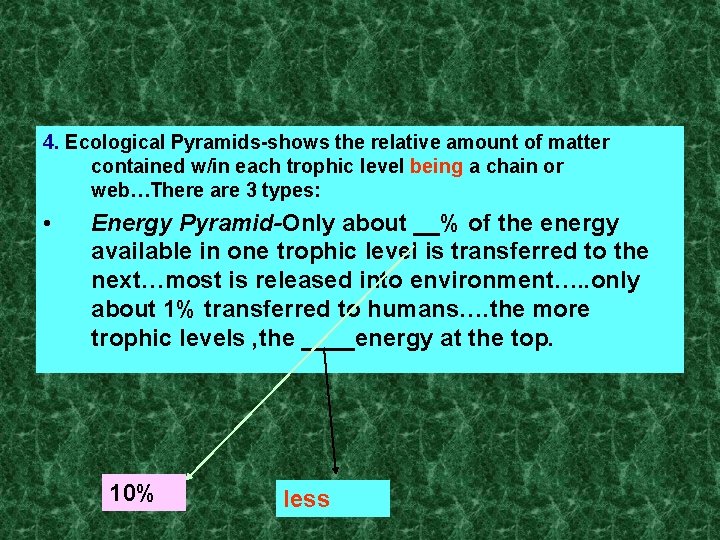 4. Ecological Pyramids-shows the relative amount of matter contained w/in each trophic level being