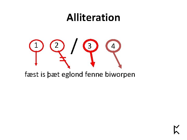 Alliteration 1 2 = / 3 4 fæst is þæt eglond fenne biworpen 