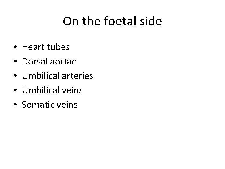 On the foetal side • • • Heart tubes Dorsal aortae Umbilical arteries Umbilical