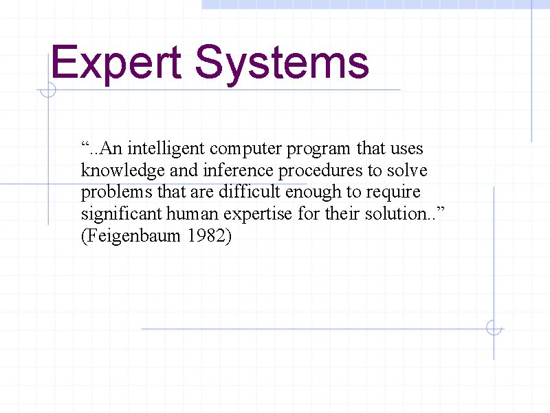 Expert Systems “. . An intelligent computer program that uses knowledge and inference procedures