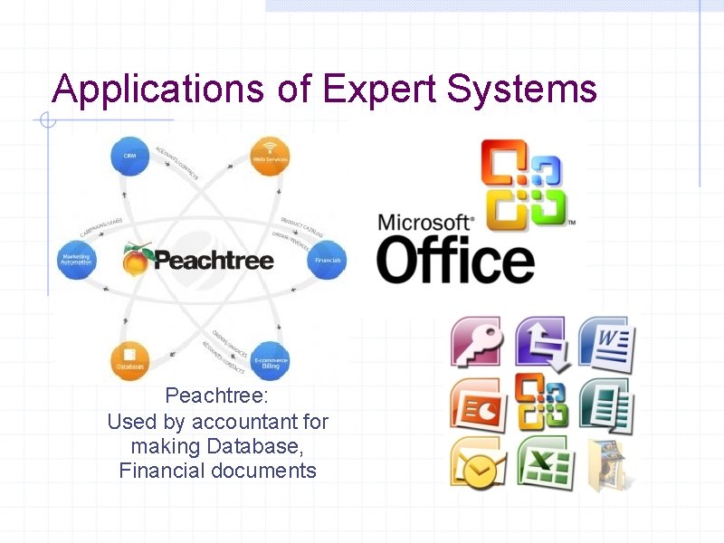 Applications of Expert Systems Peachtree: Used by accountant for making Database, Financial documents 