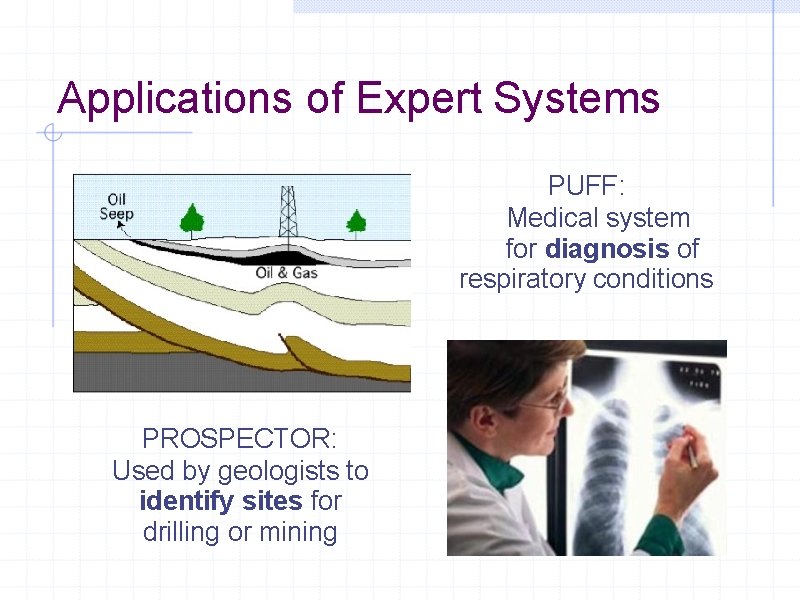 Applications of Expert Systems PUFF: Medical system for diagnosis of respiratory conditions PROSPECTOR: Used