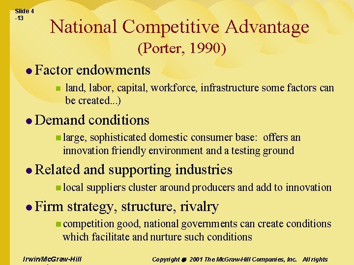 Slide 4 -13 National Competitive Advantage (Porter, 1990) l Factor endowments land, labor, capital,