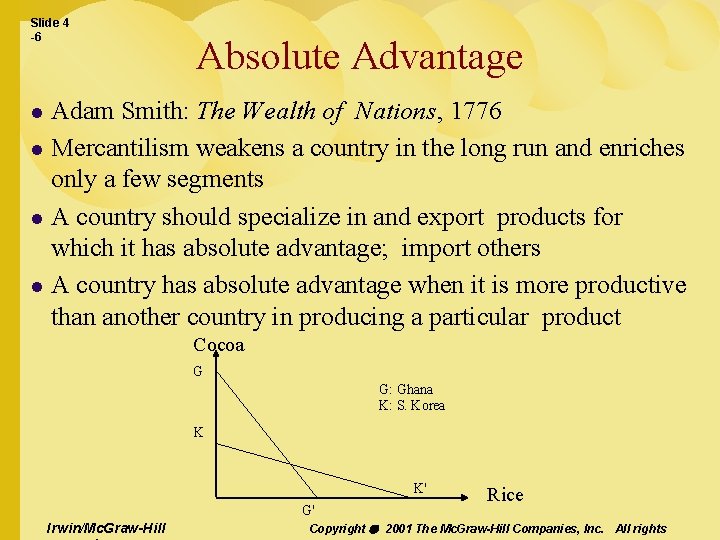 Slide 4 -6 Absolute Advantage Adam Smith: The Wealth of Nations, 1776 l Mercantilism