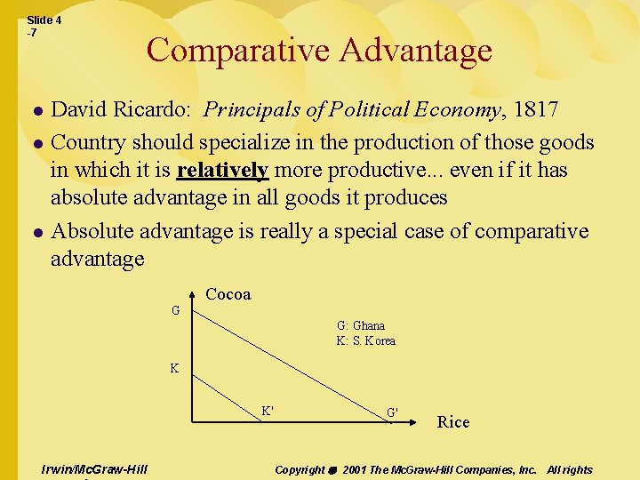 Slide 4 -7 Comparative Advantage David Ricardo: Principals of Political Economy, 1817 l Country